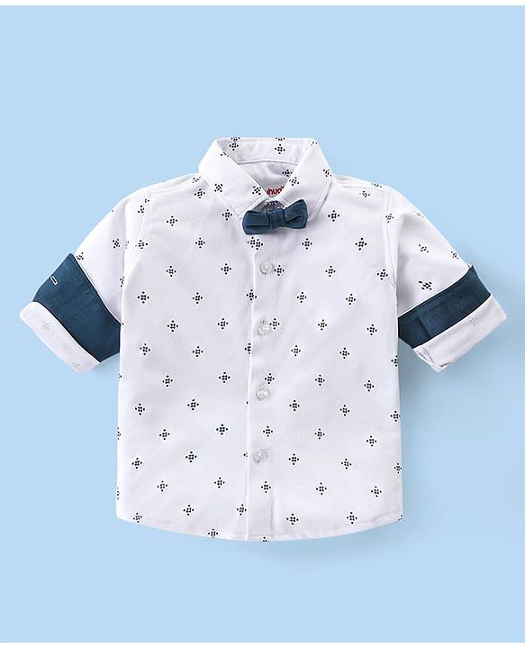 Babyhug Woven Full Sleeves Printed Shirt & Bottom Set With Cap & Suspenders - White & Teal Blue