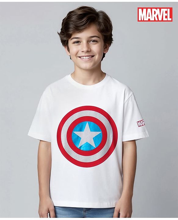 Pine Kids Marvel Terry Knit Half Sleeves T-Shirt With Foil Captain America Shield Print - White