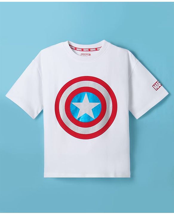 Pine Kids Marvel Terry Knit Half Sleeves T-Shirt With Foil Captain America Shield Print - White