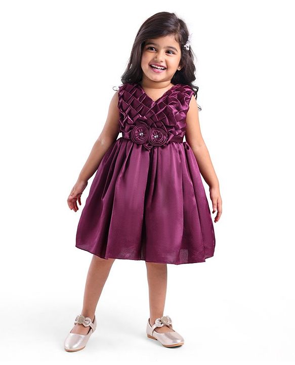Babyhug Woven Sleeveless Textured Yoke Fit & Flared  Party Frock with Floral Applique -Wine