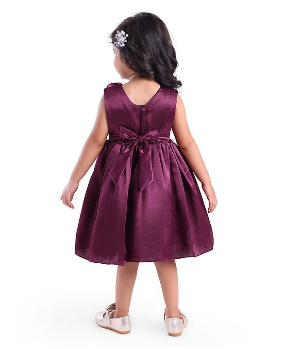 Babyhug Woven Sleeveless Textured Yoke Fit & Flared  Party Frock with Floral Applique -Wine