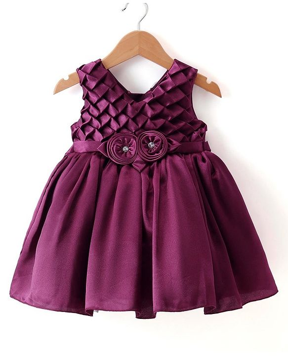 Babyhug Woven Sleeveless Textured Yoke Fit & Flared  Party Frock with Floral Applique -Wine