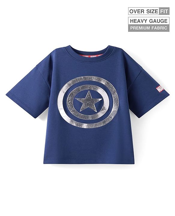 Pine Kids Marvel Terry Knit Half Drop Shoulder Sleeves T-Shirt with Captain America Graphics & Silver Foil Detailing - Navy Blue