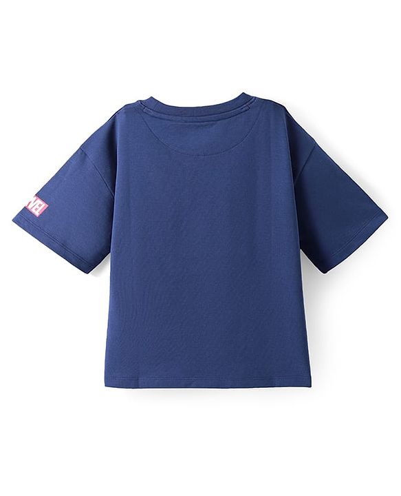 Pine Kids Marvel Terry Knit Half Drop Shoulder Sleeves T-Shirt with Captain America Graphics & Silver Foil Detailing - Navy Blue