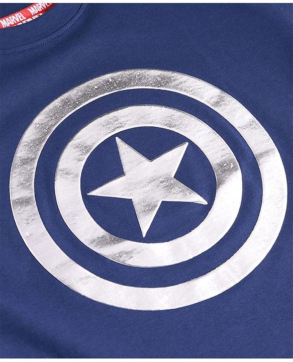Pine Kids Marvel Terry Knit Half Drop Shoulder Sleeves T-Shirt with Captain America Graphics & Silver Foil Detailing - Navy Blue