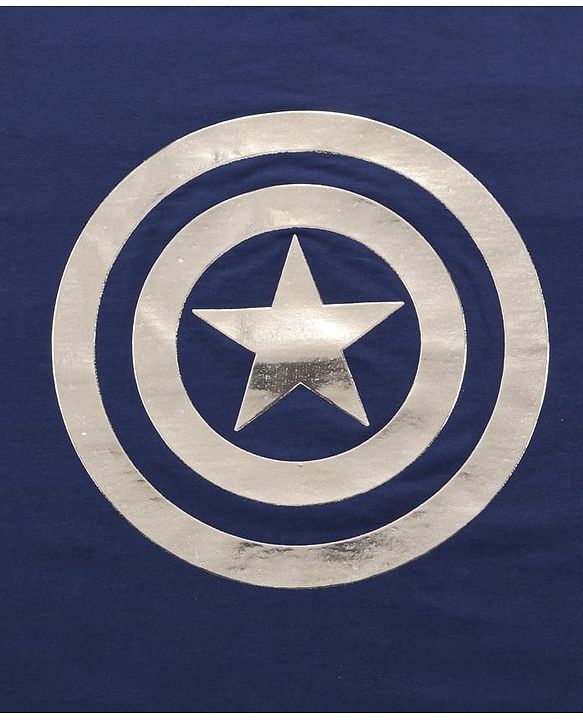 Pine Kids Marvel Terry Knit Half Drop Shoulder Sleeves T-Shirt with Captain America Graphics & Silver Foil Detailing - Navy Blue