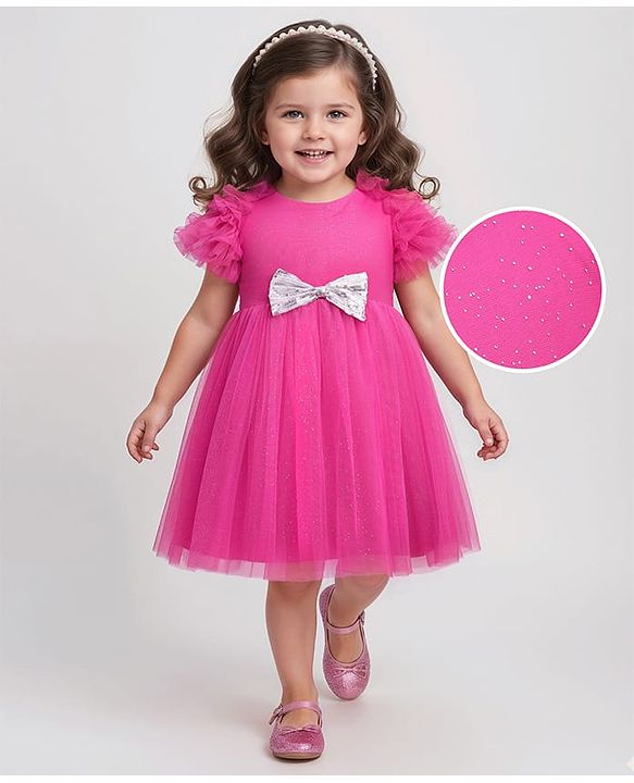 Babyhug Woven Ruffled Sleeves Party Dress With Bow Applique - Fuschia
