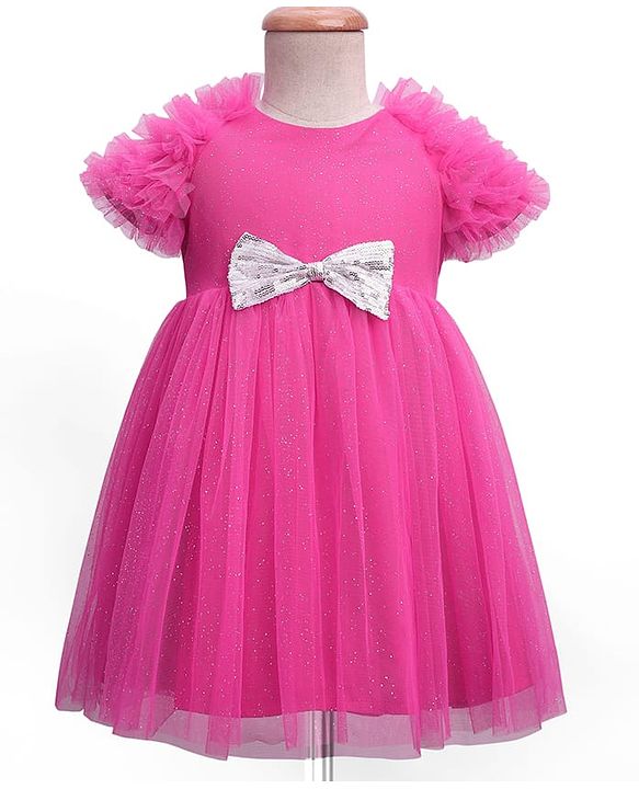 Babyhug Woven Ruffled Sleeves Party Dress With Bow Applique - Fuschia