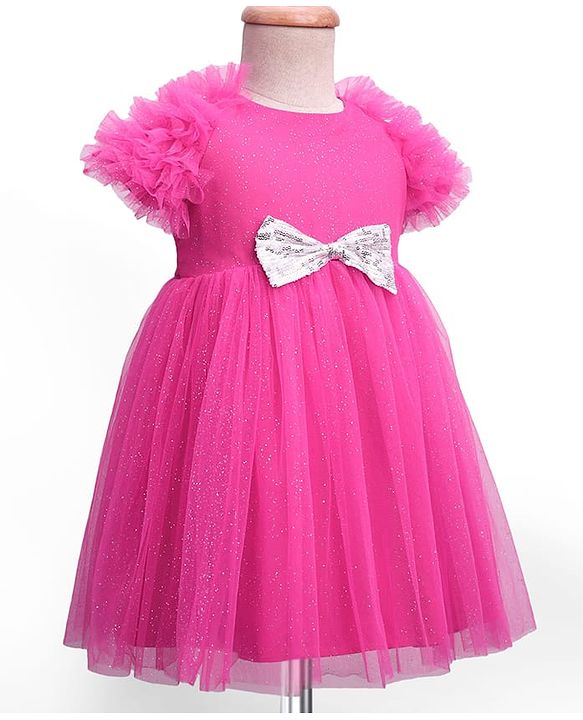 Babyhug Woven Ruffled Sleeves Party Dress With Bow Applique - Fuschia