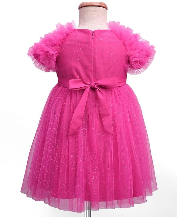 Babyhug Woven Ruffled Sleeves Party Dress With Bow Applique - Fuschia