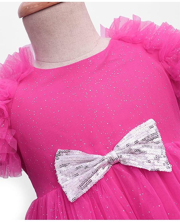 Babyhug Woven Ruffled Sleeves Party Dress With Bow Applique - Fuschia