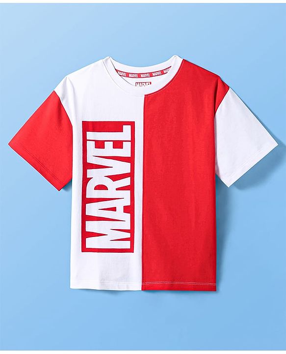 Pine Kids Marvel Terry Knit Half Sleeves Cut & Sew Designed Light Weight T-Shirt with Front & Back Avengers Graphic - Red & White