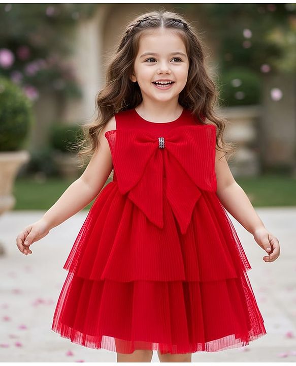 Babyhug Woven Sleeveless Tierred Party Frock with Bow Applique Solid Colour - Red