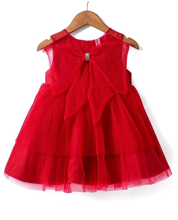 Babyhug Woven Sleeveless Tierred Party Frock with Bow Applique Solid Colour - Red
