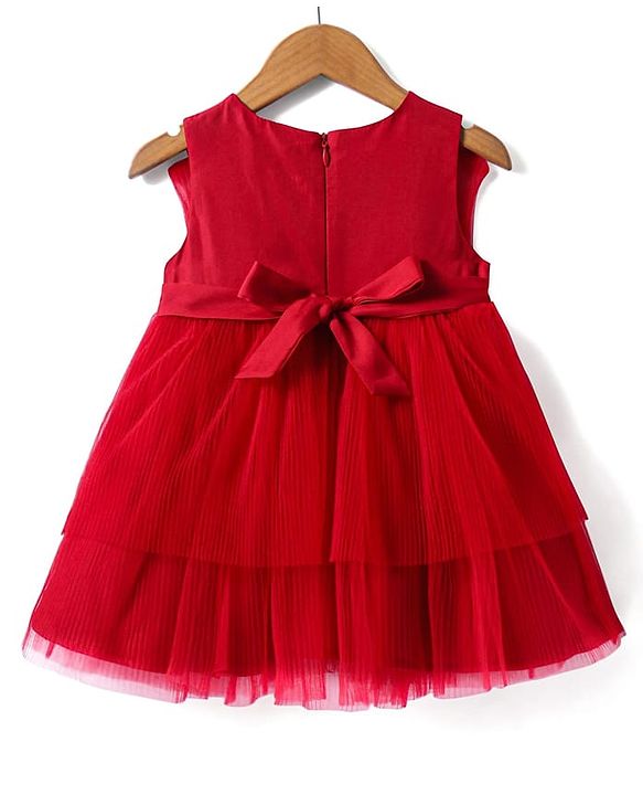 Babyhug Woven Sleeveless Tierred Party Frock with Bow Applique Solid Colour - Red