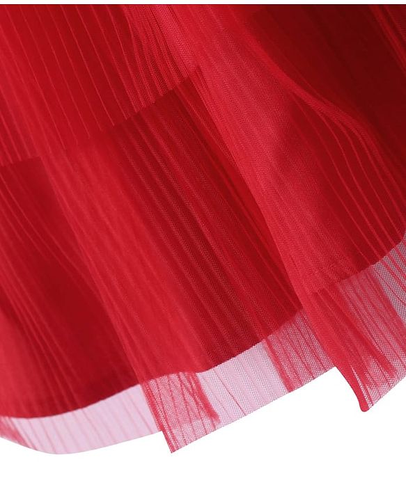 Babyhug Woven Sleeveless Tierred Party Frock with Bow Applique Solid Colour - Red