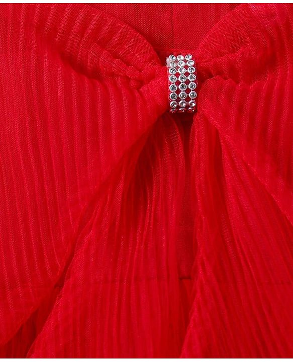 Babyhug Woven Sleeveless Tierred Party Frock with Bow Applique Solid Colour - Red