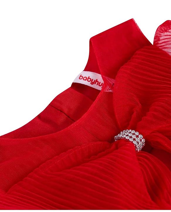 Babyhug Woven Sleeveless Tierred Party Frock with Bow Applique Solid Colour - Red