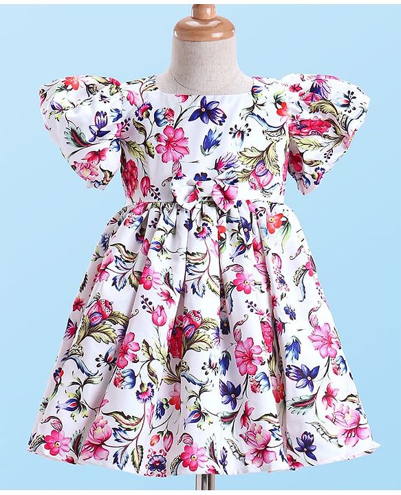 Babyhug Woven Half Puffed Sleeves Party Dress With Floral Print & Bow Applique - White