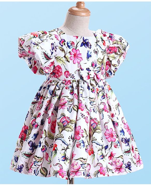 Babyhug Woven Half Puffed Sleeves Party Dress With Floral Print & Bow Applique - White