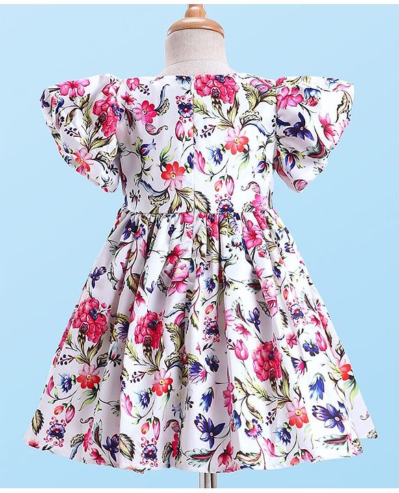 Babyhug Woven Half Puffed Sleeves Party Dress With Floral Print & Bow Applique - White
