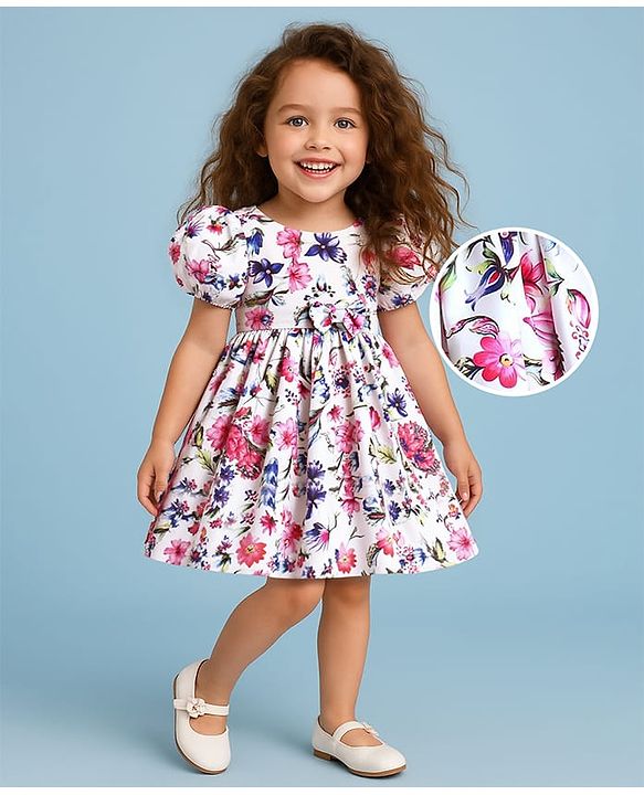 Babyhug Woven Half Puffed Sleeves Party Dress With Floral Print & Bow Applique - White