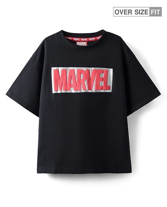 Pine Kids Marvel Terry Knit Half Sleeves Oversized Light Weight T-Shirt With Marvel Graphics - Black