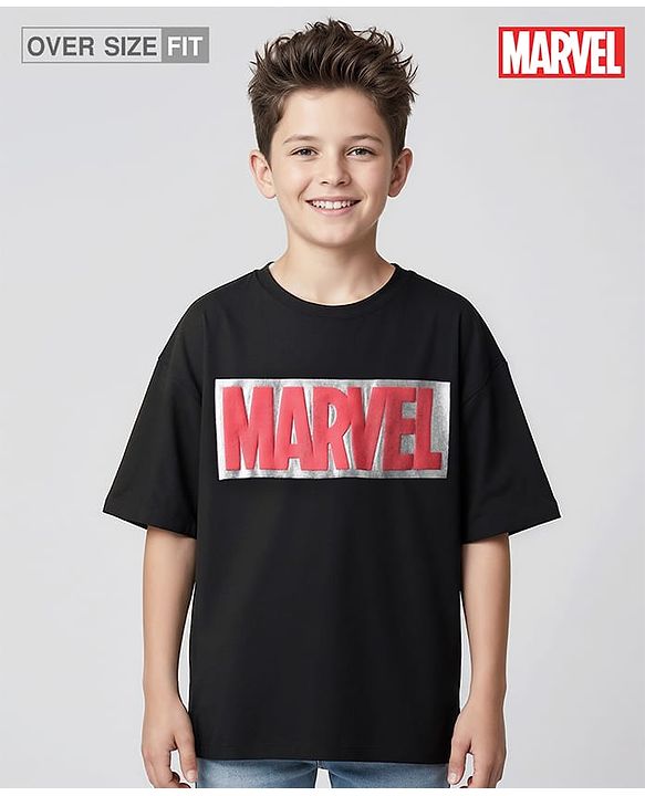Pine Kids Marvel Terry Knit Half Sleeves Oversized Light Weight T-Shirt With Marvel Graphics - Black