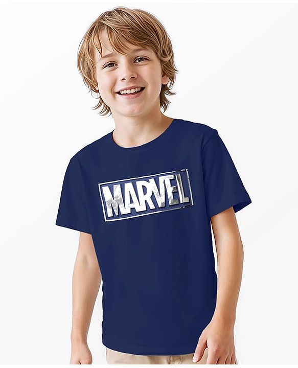 Pine Kids Marvel Terry Knit Half Sleeves Oversized Light Weight Terry T-Shirt With Marvel Text Embossing With Foil Print Detailing - Navy Blue