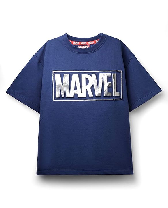 Pine Kids Marvel Terry Knit Half Sleeves Oversized Light Weight Terry T-Shirt With Marvel Text Embossing With Foil Print Detailing - Navy Blue