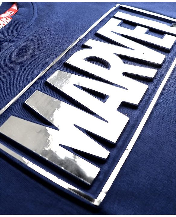 Pine Kids Marvel Terry Knit Half Sleeves Oversized Light Weight Terry T-Shirt With Marvel Text Embossing With Foil Print Detailing - Navy Blue