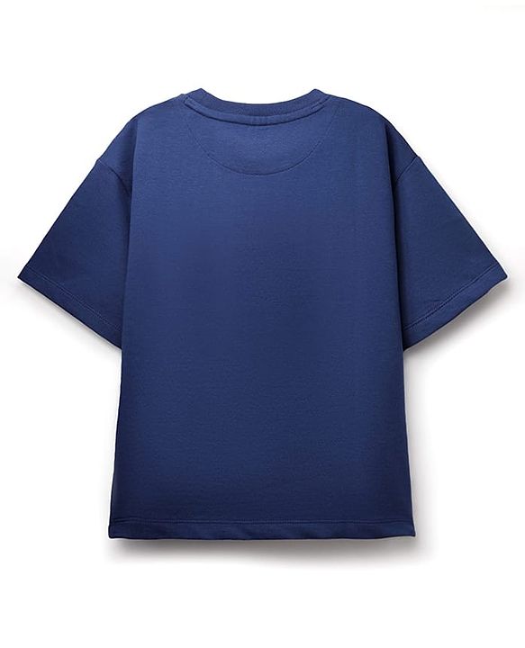 Pine Kids Marvel Terry Knit Half Sleeves Oversized Light Weight Terry T-Shirt With Marvel Text Embossing With Foil Print Detailing - Navy Blue