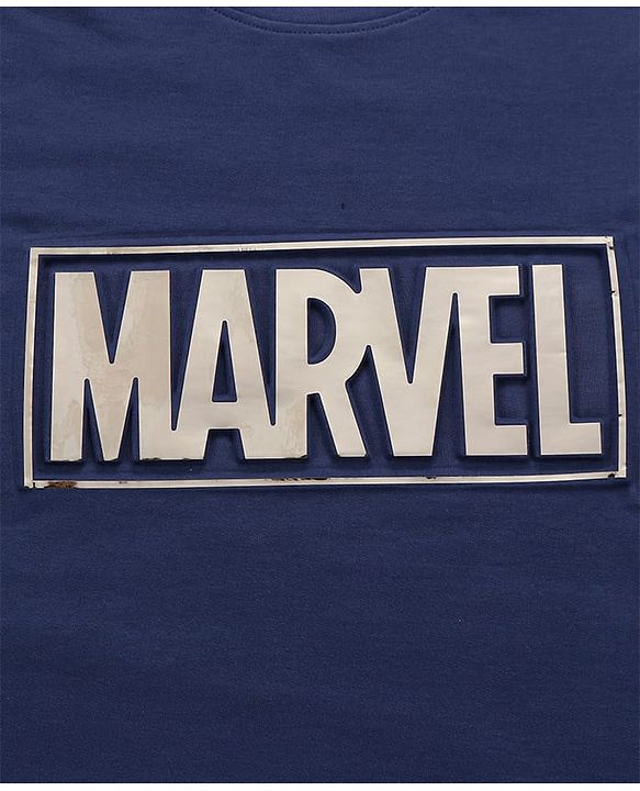 Pine Kids Marvel Terry Knit Half Sleeves Oversized Light Weight Terry T-Shirt With Marvel Text Embossing With Foil Print Detailing - Navy Blue