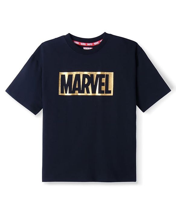 Pine Kids Marvel Terry Knit Half Sleeves Oversized T-Shirt With Marvel Graphic & Textured Foil Print Detailing - Black