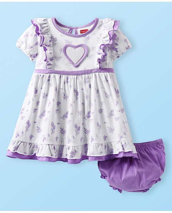 Babyhug Single Jersey Knit Half Sleeves Frock With Floral Print & Bloomer - White