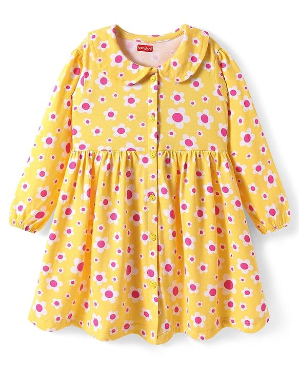 Babyhug Single Jersey Knit Full Sleeves Peter Pan Collared Polka Dots & Floral Printed Flared Dress Pack of 2 - Yellow & Pink