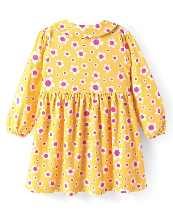 Babyhug Single Jersey Knit Full Sleeves Peter Pan Collared Polka Dots & Floral Printed Flared Dress Pack of 2 - Yellow & Pink