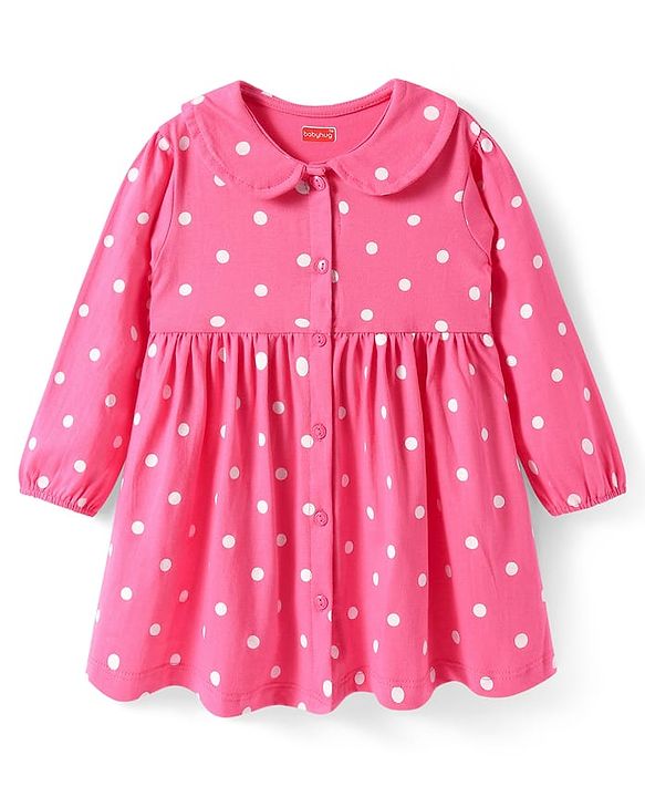 Babyhug Single Jersey Knit Full Sleeves Peter Pan Collared Polka Dots & Floral Printed Flared Dress Pack of 2 - Yellow & Pink