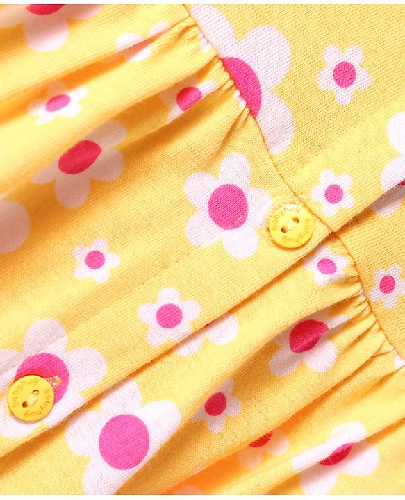 Babyhug Single Jersey Knit Full Sleeves Peter Pan Collared Polka Dots & Floral Printed Flared Dress Pack of 2 - Yellow & Pink