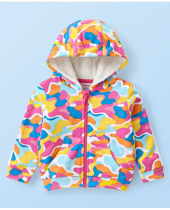 Babyhug Terry Knit Full Sleeves Hooded Sweatjacket & Joggers Set with T-Shirt Camo & Text Print - Multicolour