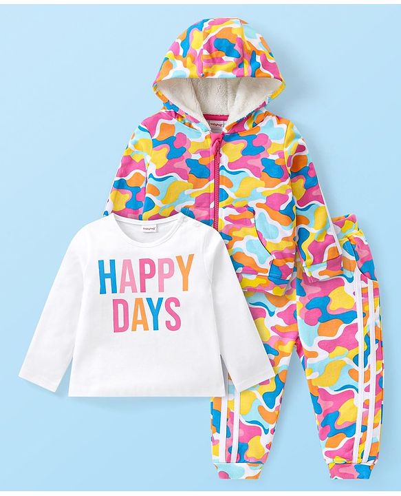 Babyhug Terry Knit Full Sleeves Hooded Sweatjacket & Joggers Set with T-Shirt Camo & Text Print - Multicolour