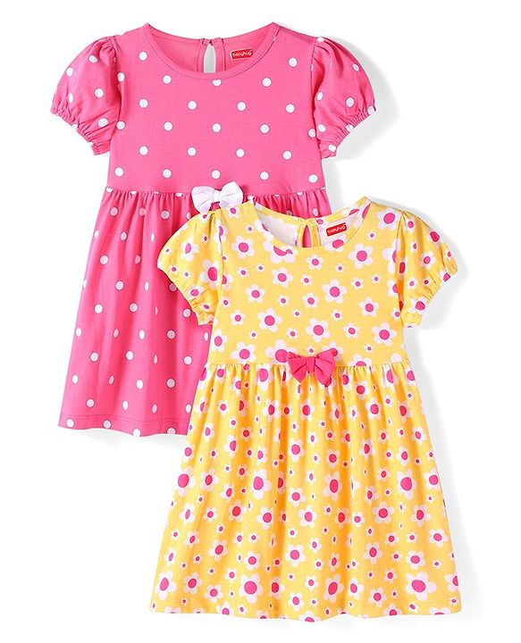 Babyhug Single Jersey Knit Half Sleeves Frocks With Bow Applique & Floral Print Pack Of 2 - Pink & Yellow