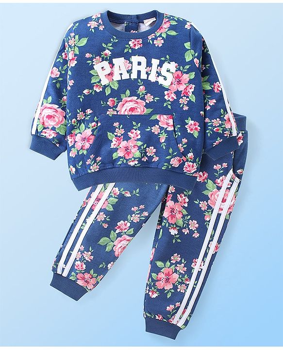 Babyhug Cotton Knit Full Sleeves Sweatshirt & Lounge Pants Co-Ord Set With Floral Print - Navy