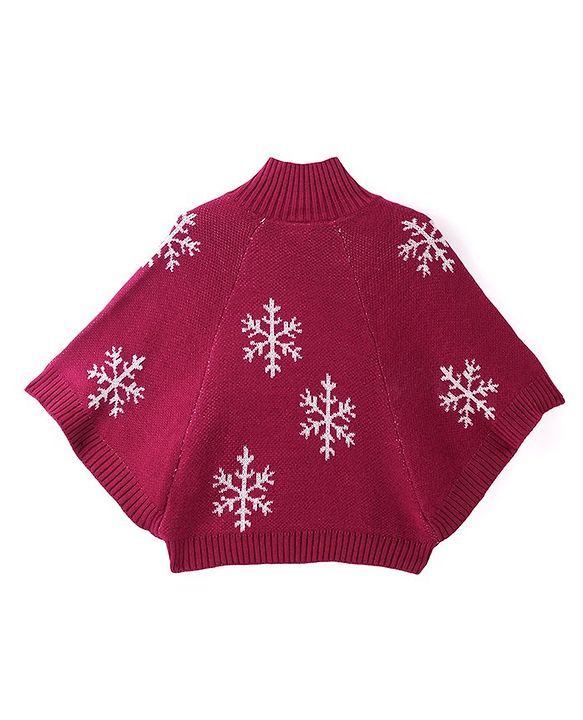 Babyhug Knitted  Full Sleeves & High Neck Poncho with Snow Flakes Design - Wine