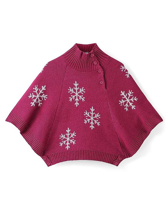 Babyhug Knitted  Full Sleeves & High Neck Poncho with Snow Flakes Design - Wine