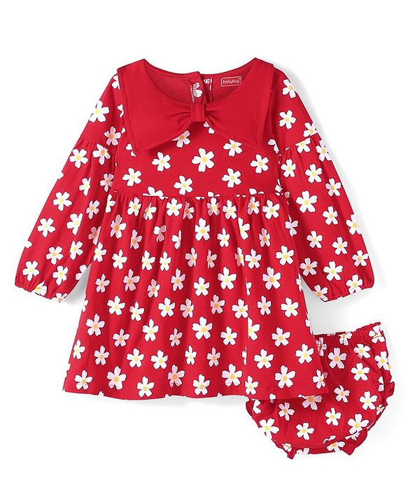 Babyhug Single Jersey Knit Full Sleeves Frock With Bloomer Floral Print & Bow Detailing - Red