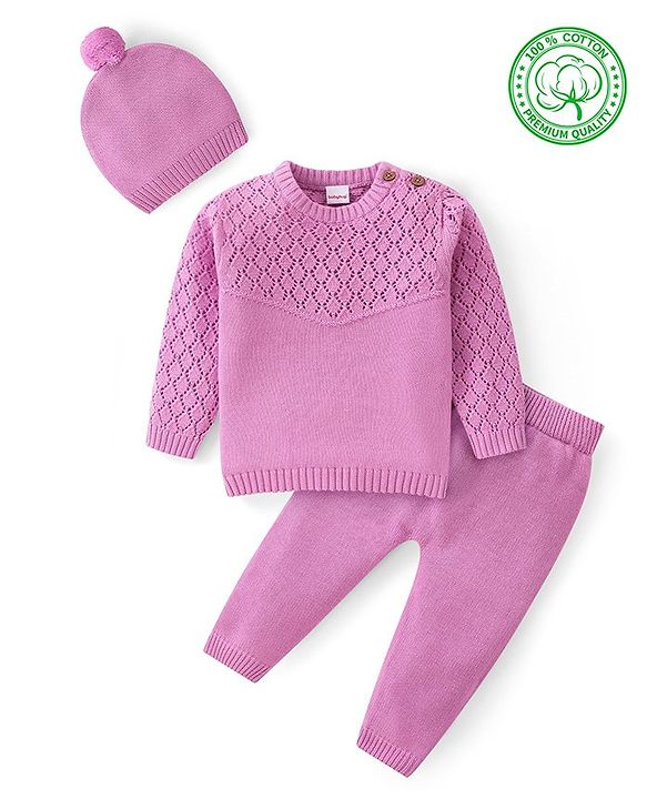 Babyhug Cotton Knit Full Sleeves Pullover Sweater Set With Cable Knit Design & Cap - Mauve