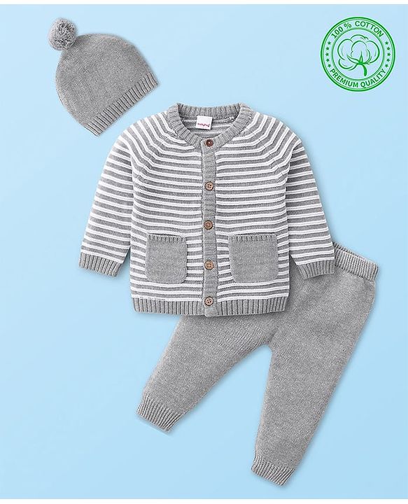Babyhug Knitted Full Raglan Sleeves Front Open Striped  Hooded Sweater Set with Cap & Pockets - Light Grey