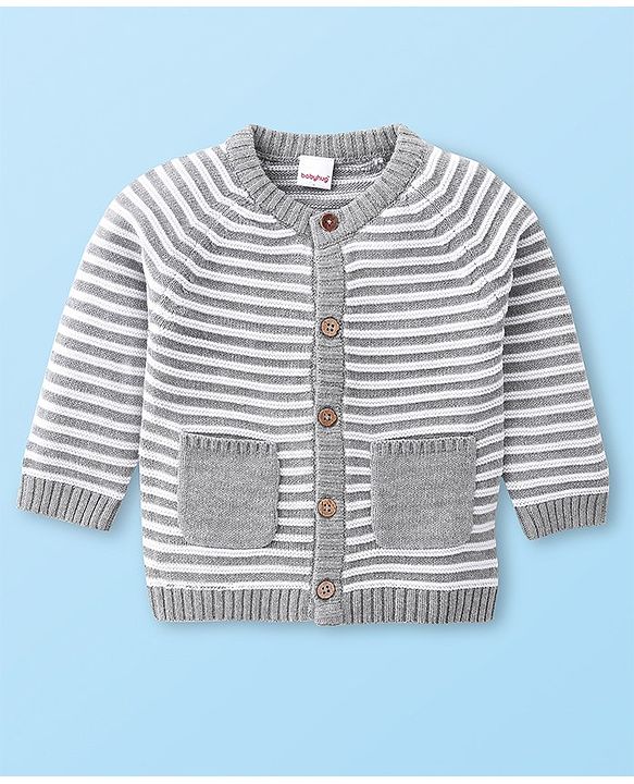Babyhug Knitted Full Raglan Sleeves Front Open Striped  Hooded Sweater Set with Cap & Pockets - Light Grey