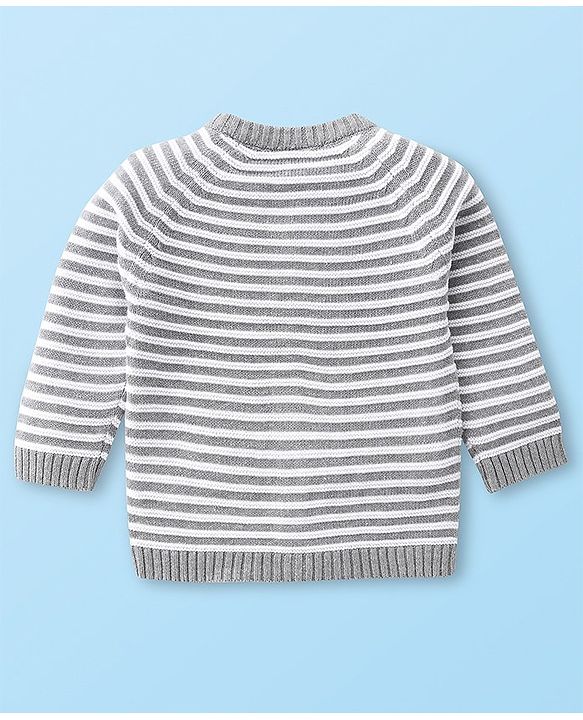 Babyhug Knitted Full Raglan Sleeves Front Open Striped  Hooded Sweater Set with Cap & Pockets - Light Grey